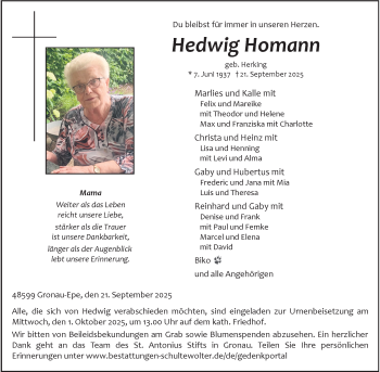 Anzeige von Hedwig Homann 