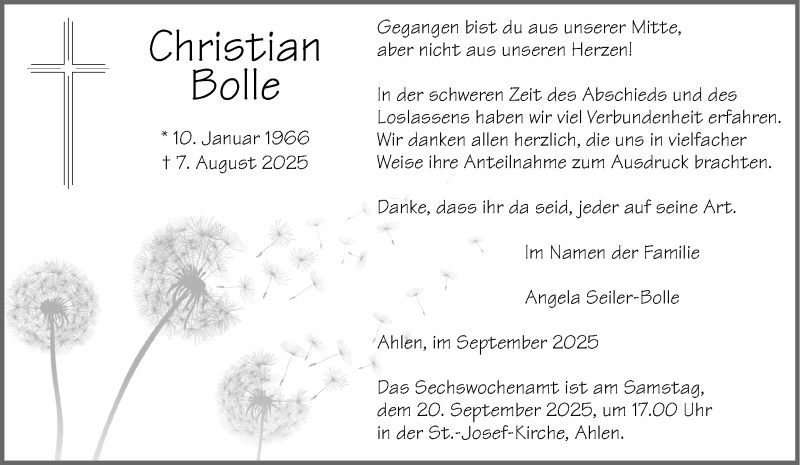  Traueranzeige für Christian Bolle vom 13.09.2025 aus 