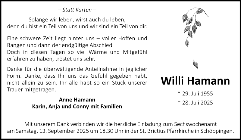  Traueranzeige für Willi Hamann vom 06.09.2025 aus 