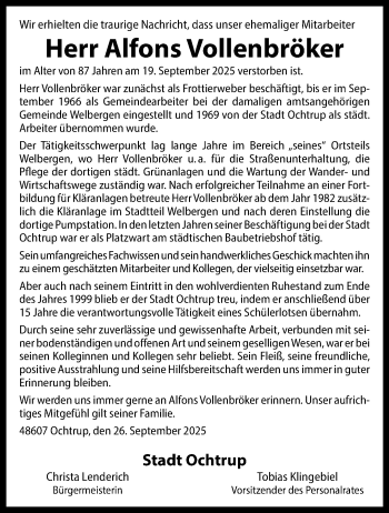 Anzeige von Alfons Vollenbröker 