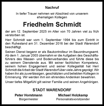 Anzeige von Friedhelm Schmidt 