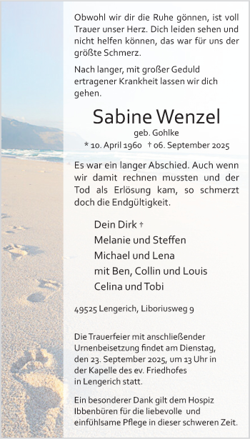 Anzeige von Sabine Wenzel 