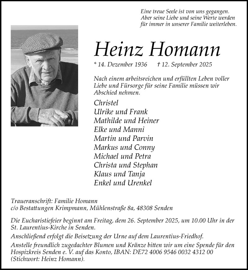  Traueranzeige für Heinz Homann vom 20.09.2025 aus 