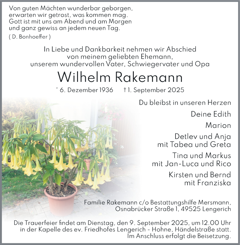  Traueranzeige für Wilhelm Rakemann vom 06.09.2025 aus 