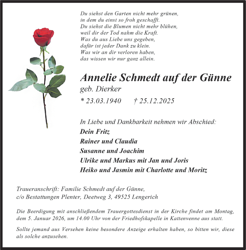  Traueranzeige für Annelie Schmedt vom 03.01.2026 aus 