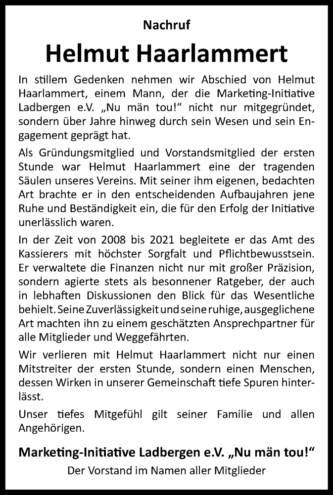  Traueranzeige für Helmut Haarlammert vom 14.01.2026 aus 