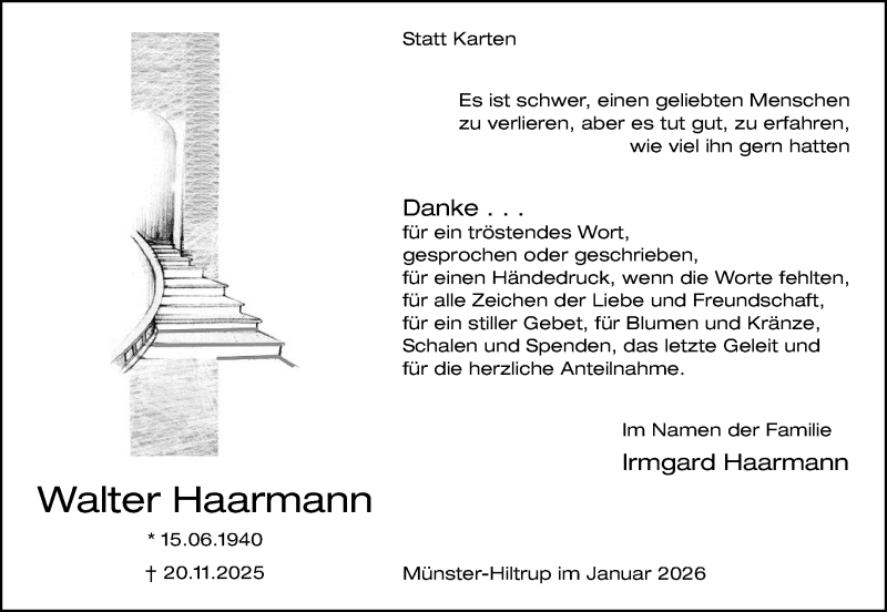  Traueranzeige für Walter Haarmann vom 03.01.2026 aus 