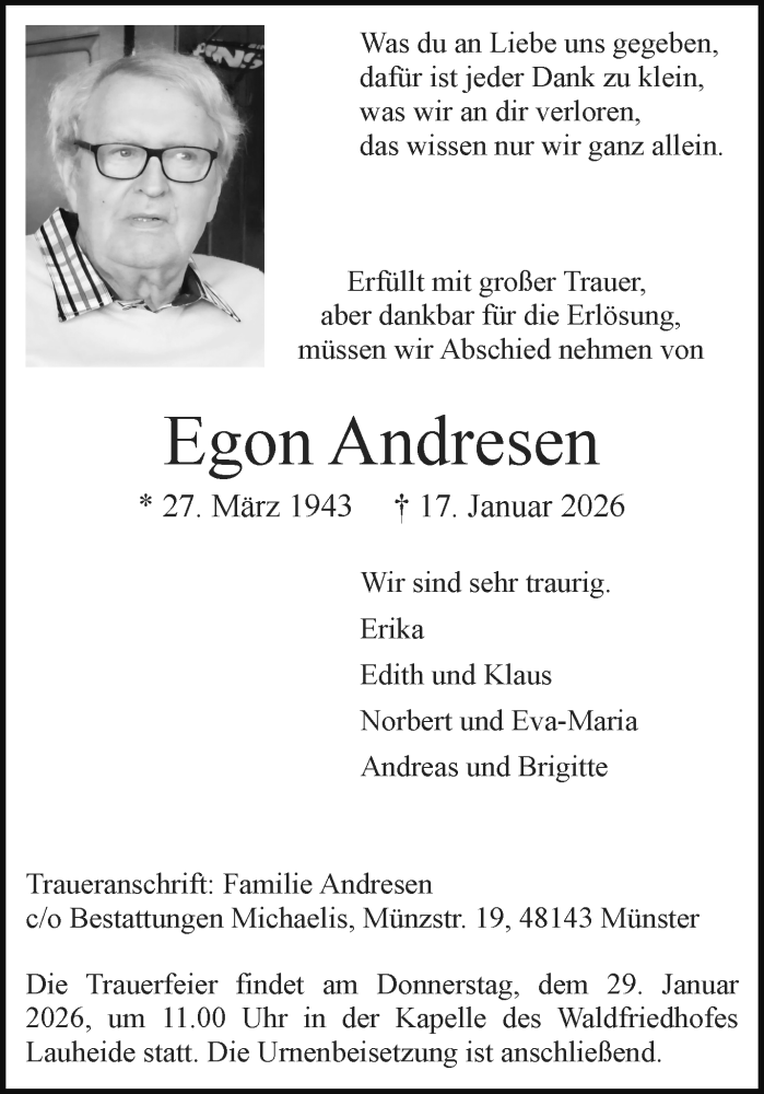  Traueranzeige für Egon Andresen vom 24.01.2026 aus 