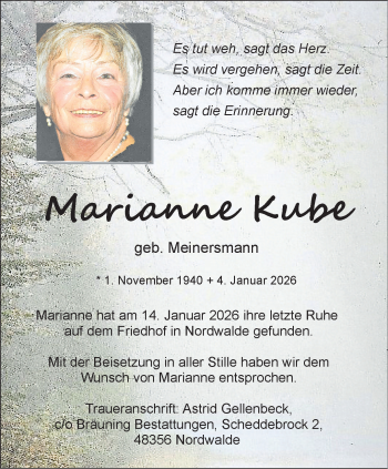 Anzeige von Marianne Kube 