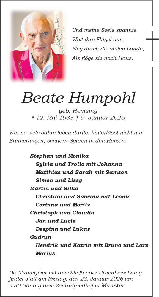  Traueranzeige für Beate Humpohl vom 17.01.2026 aus 