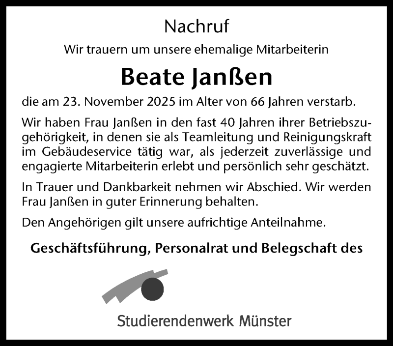  Traueranzeige für Beate Janßen vom 06.12.2025 aus 