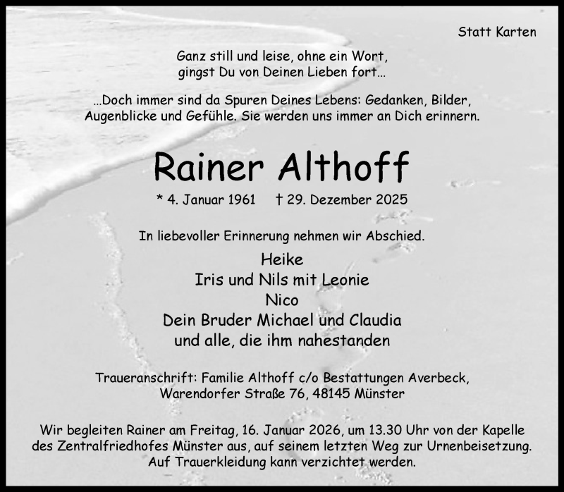  Traueranzeige für Rainer Althoff vom 10.01.2026 aus 