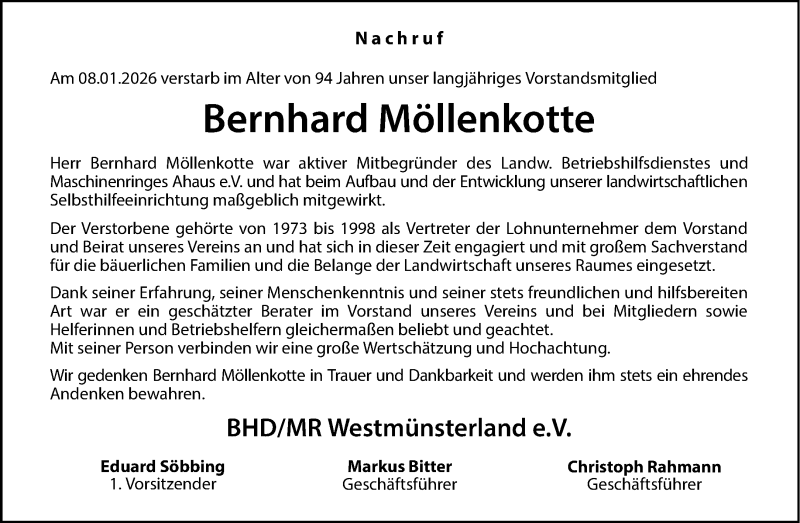 Traueranzeige für Bernhard Möllenkotte vom 20.01.2026 aus 