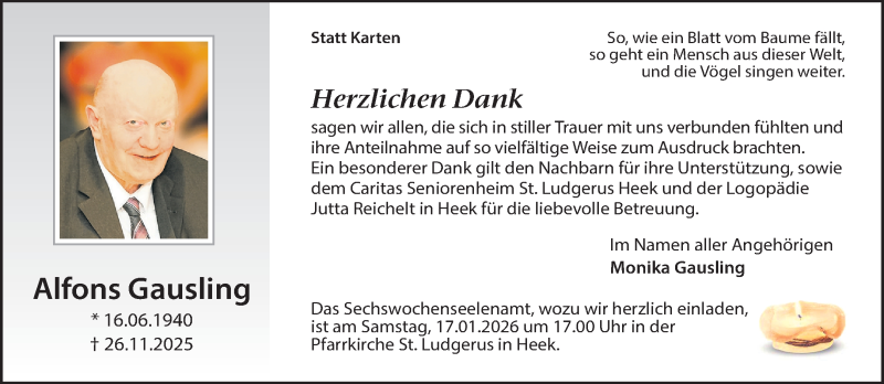 Traueranzeige für Alfons Gausling vom 13.01.2026 aus 
