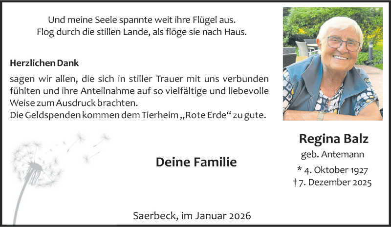  Traueranzeige für Regina Balz vom 21.01.2026 aus 