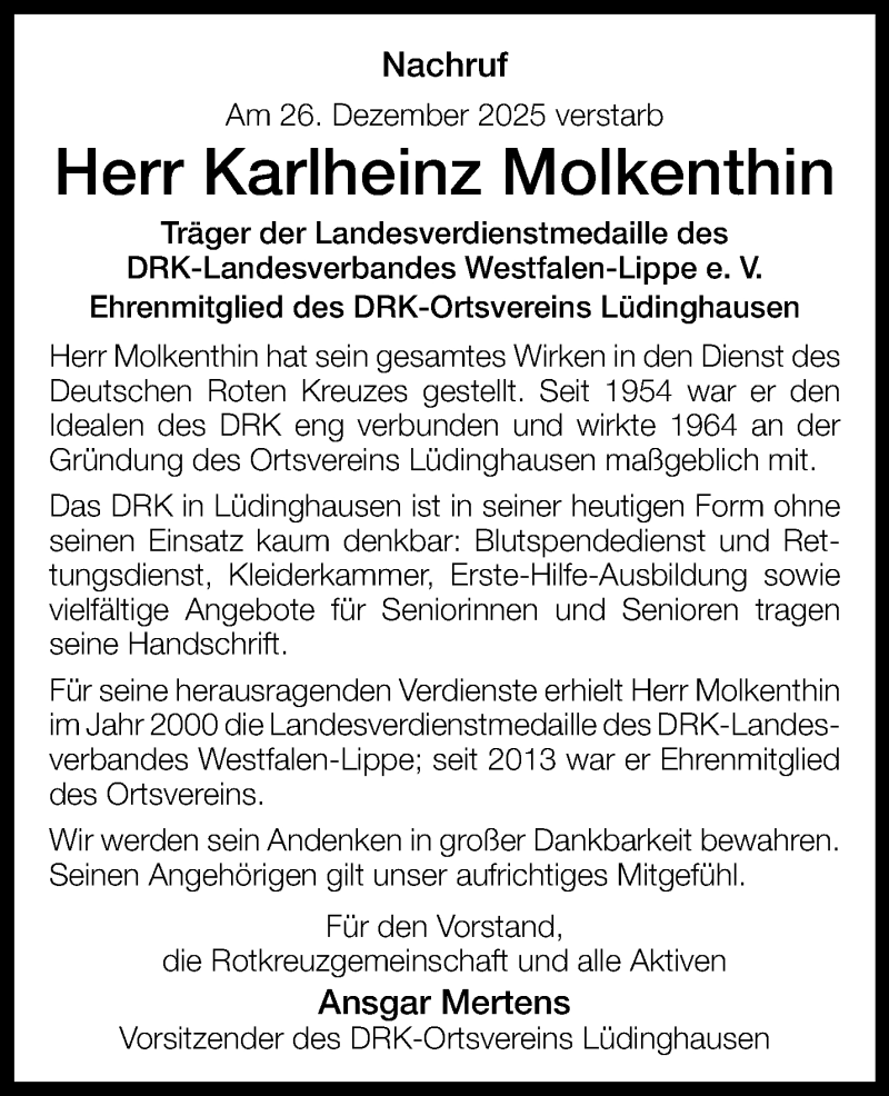  Traueranzeige für Karlheinz Molkenthin vom 05.01.2026 aus 