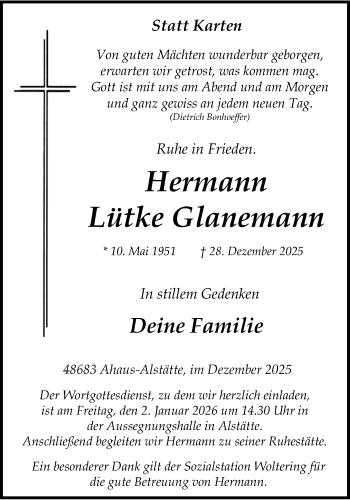 Anzeige von Hermann Lütke Glanemann 