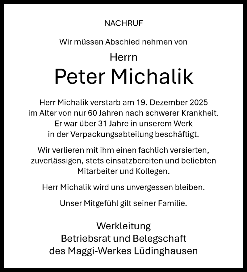  Traueranzeige für Peter Michalik vom 13.01.2026 aus 