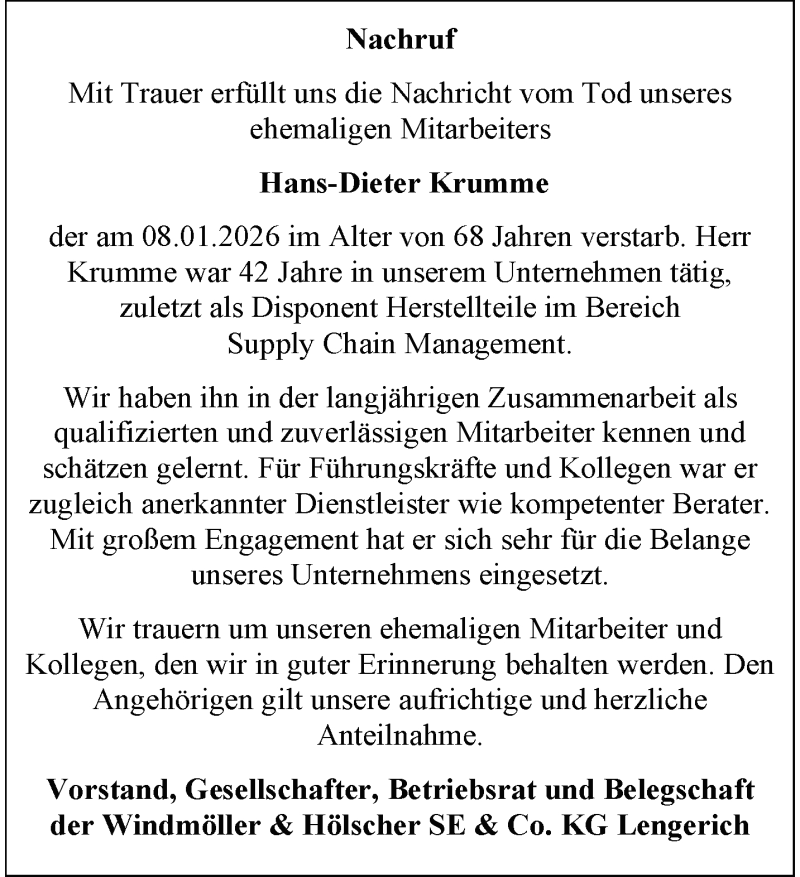  Traueranzeige für Hans-Dieter Krumme vom 26.01.2026 aus 