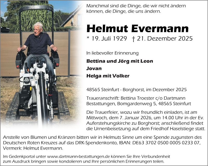  Traueranzeige für Helmut Evermann vom 31.12.2025 aus 