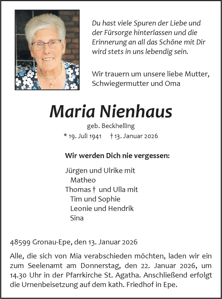  Traueranzeige für Maria Nienhaus vom 17.01.2026 aus 