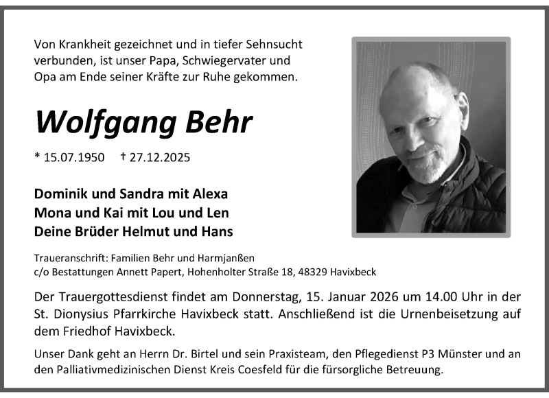  Traueranzeige für Wolfgang Behr vom 10.01.2026 aus 