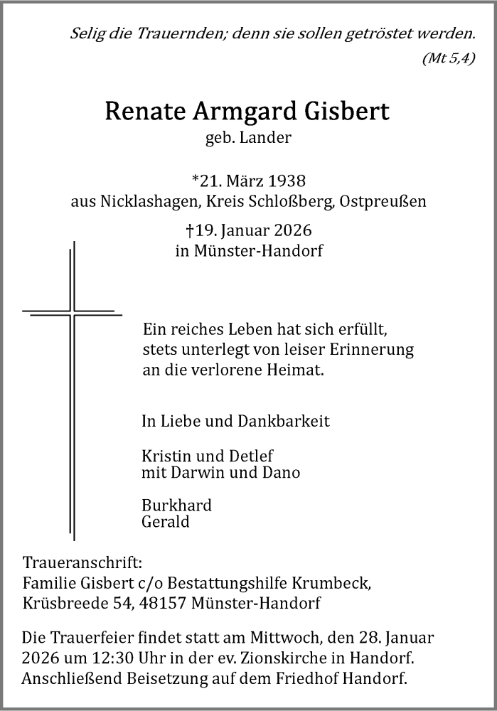  Traueranzeige für Renate Armgard Gisbert vom 24.01.2026 aus 