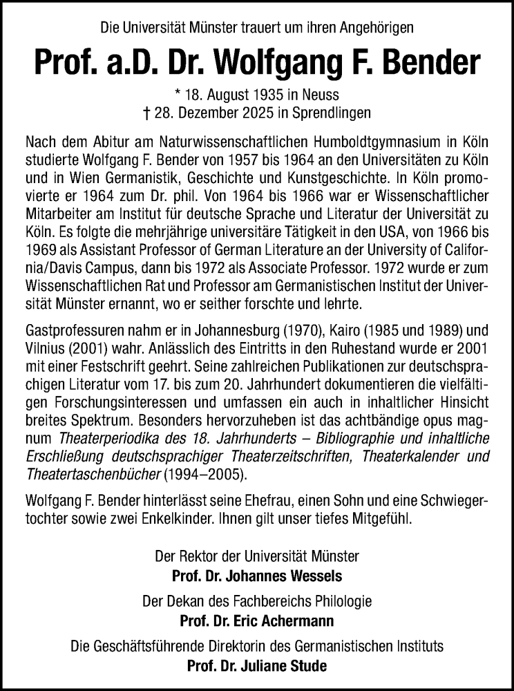  Traueranzeige für Prof. a.D. Dr. Wolfgang F. Bender vom 17.01.2026 aus 