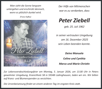 Anzeige von Peter Ziebell 