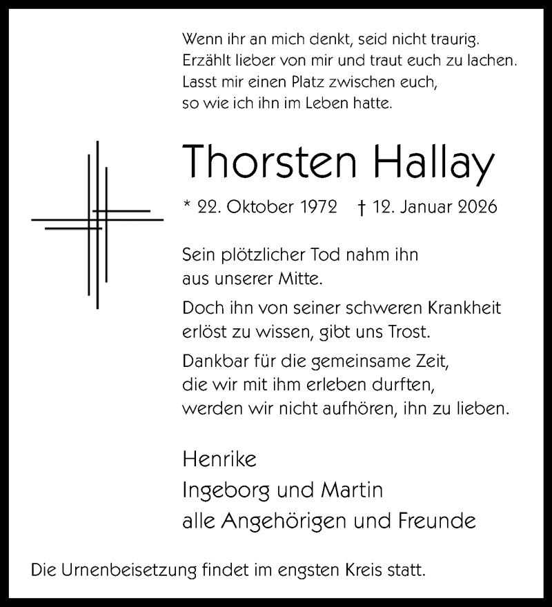  Traueranzeige für Thorsten Hallay vom 24.01.2026 aus 