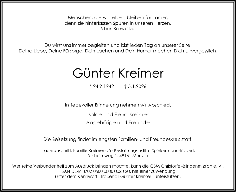  Traueranzeige für Günter Kreimer vom 17.01.2026 aus 