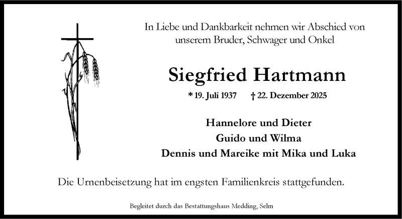  Traueranzeige für Siegfried Hartmann vom 10.01.2026 aus 