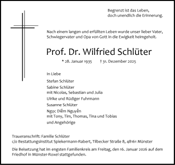 Anzeige von Prof. Dr. Wilfried Schlüter 