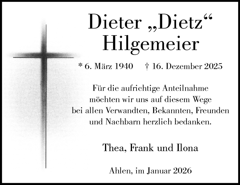  Traueranzeige für Dieter Hilgemeier vom 24.01.2026 aus 