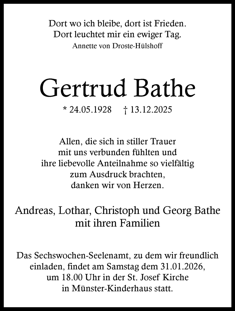  Traueranzeige für Gertrud Bathe vom 24.01.2026 aus 