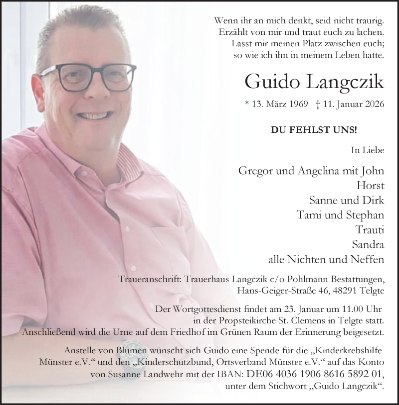  Traueranzeige für Guido Langczik vom 17.01.2026 aus 