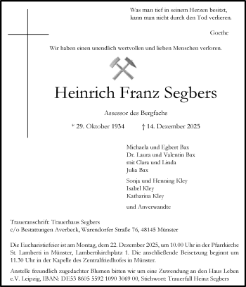 Anzeige von Heinrich Franz Segbers 