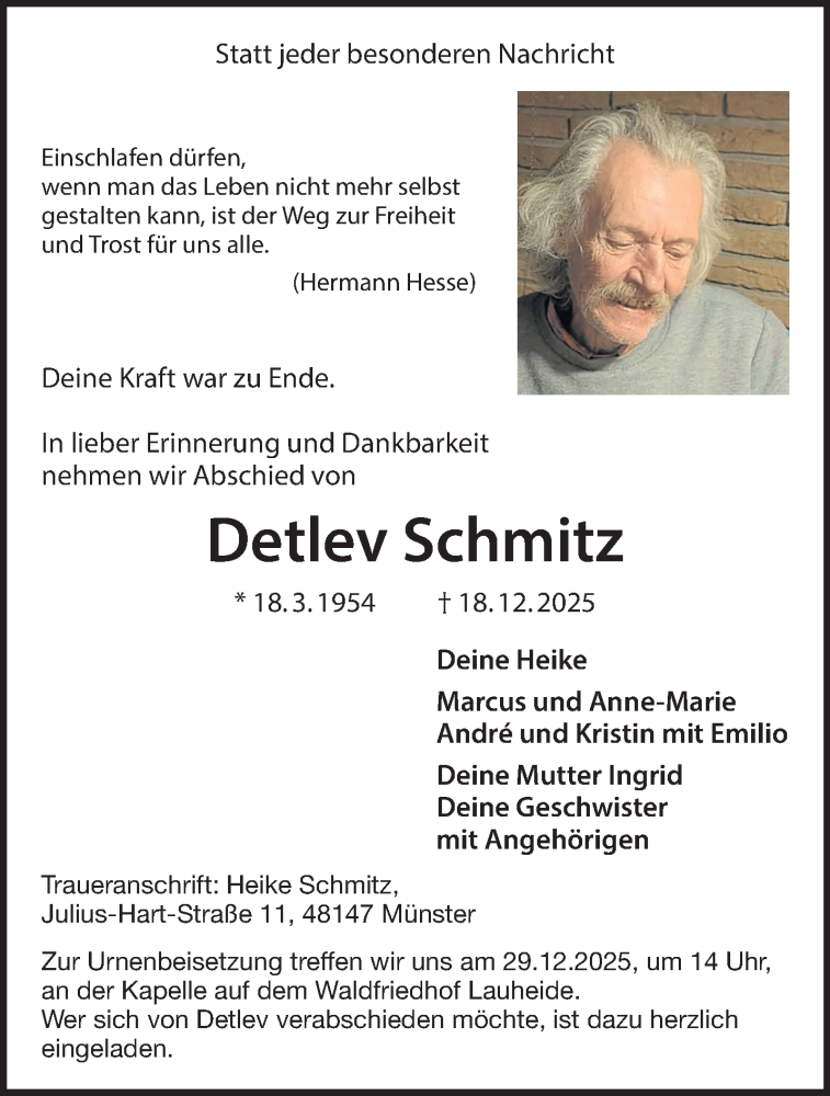  Traueranzeige für Detlev Schmitz vom 24.12.2025 aus 