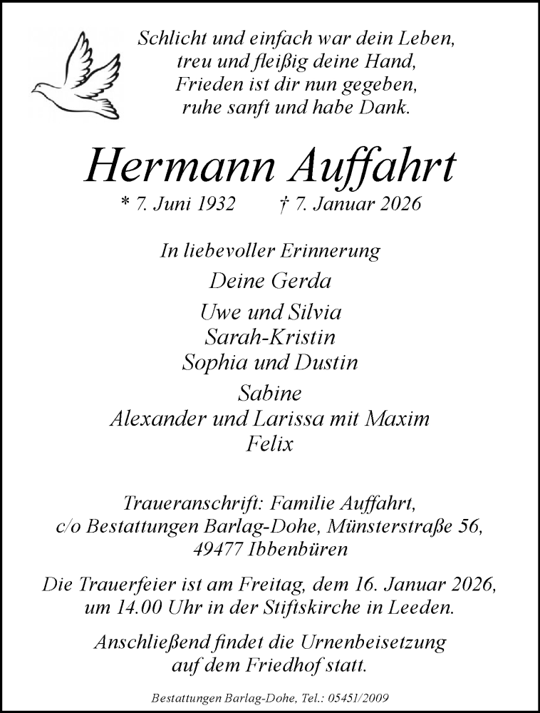 Traueranzeige für Hermann Auffahrt vom 10.01.2026 aus 