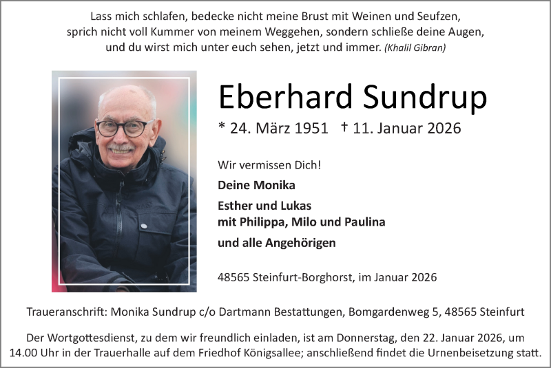  Traueranzeige für Eberhard Sundrup vom 17.01.2026 aus 