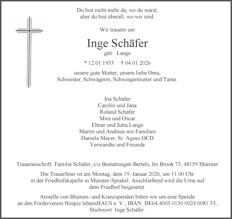  Traueranzeige für Inge Schäfer vom 10.01.2026 aus 