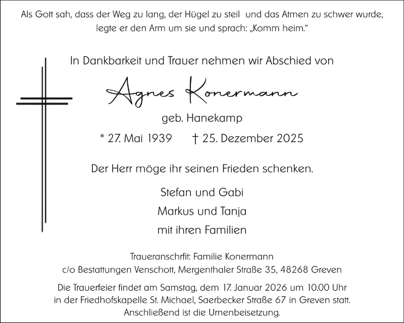  Traueranzeige für Agnes Konermann vom 10.01.2026 aus 
