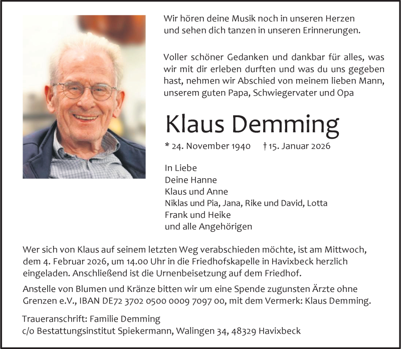  Traueranzeige für Klaus Demming vom 24.01.2026 aus 