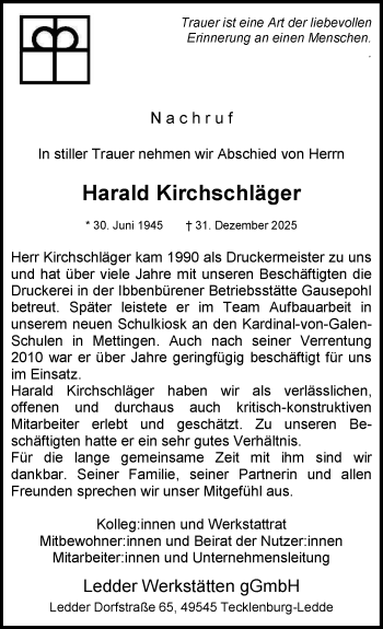 Anzeige von Harald Kirchschläger 