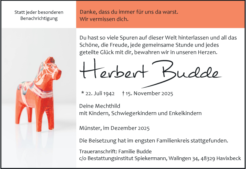  Traueranzeige für Herbert Budde vom 06.12.2025 aus 