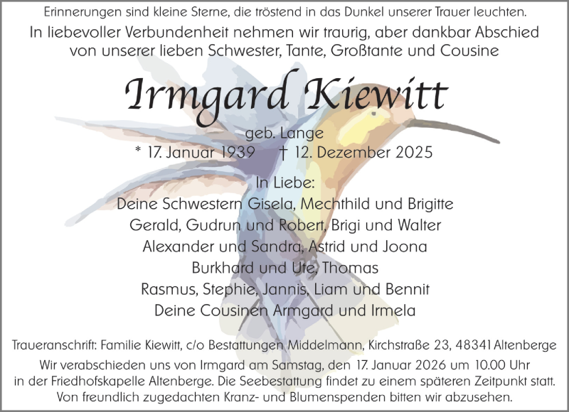  Traueranzeige für Irmgard Kiewitt vom 03.01.2026 aus 