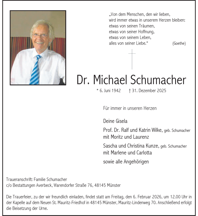  Traueranzeige für Dr. Michael Schumacher vom 24.01.2026 aus 