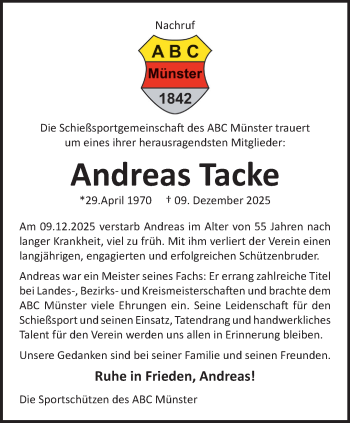 Anzeige von Andreas Tacke 