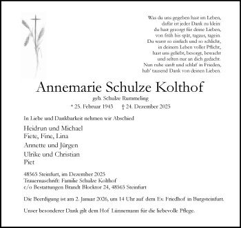 Anzeige von Annemarie Schulze Kolthof 