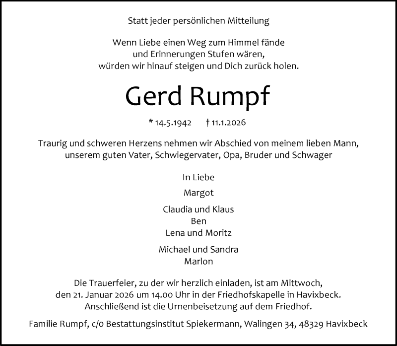  Traueranzeige für Gerd Rumpf vom 17.01.2026 aus 